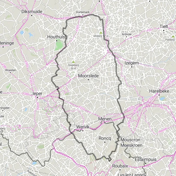 Miniature de la carte de l'inspiration cycliste "Du Nord au Sud" dans la Nord-Pas de Calais, France. Générée par le planificateur d'itinéraire cycliste Tarmacs.app