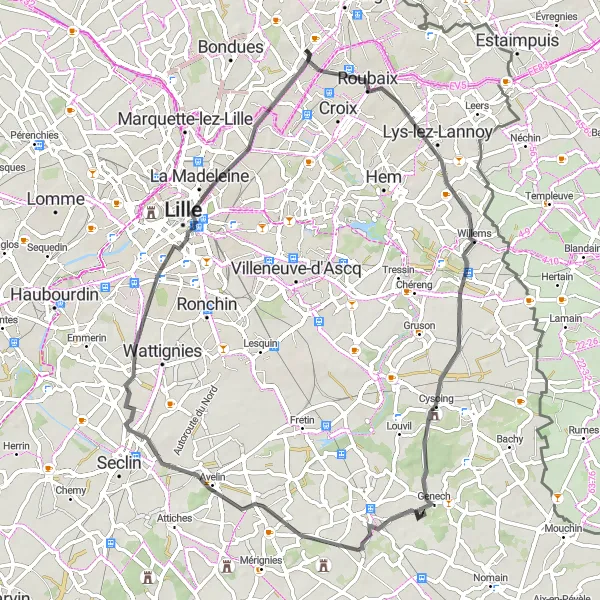 Miniature de la carte de l'inspiration cycliste "La Boucle des Pavés du Nord" dans la Nord-Pas de Calais, France. Générée par le planificateur d'itinéraire cycliste Tarmacs.app