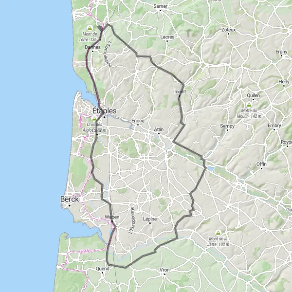 Miniature de la carte de l'inspiration cycliste "Côte d'Opale Express" dans la Nord-Pas de Calais, France. Générée par le planificateur d'itinéraire cycliste Tarmacs.app