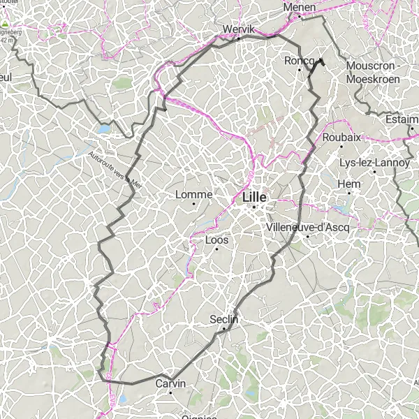 Miniature de la carte de l'inspiration cycliste "Route des Châteaux et des Canaux" dans la Nord-Pas de Calais, France. Générée par le planificateur d'itinéraire cycliste Tarmacs.app