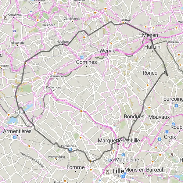 Miniature de la carte de l'inspiration cycliste "Escapade champêtre en Flandre" dans la Nord-Pas de Calais, France. Générée par le planificateur d'itinéraire cycliste Tarmacs.app