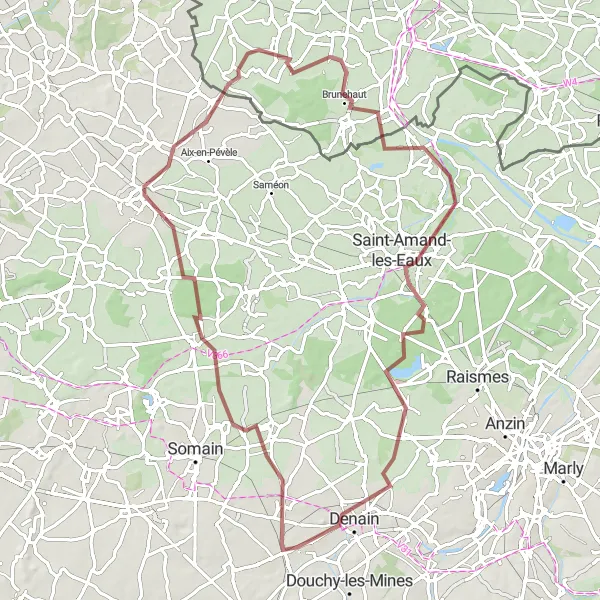 Miniature de la carte de l'inspiration cycliste "Les Chemins de Gravel de la Campagne" dans la Nord-Pas de Calais, France. Générée par le planificateur d'itinéraire cycliste Tarmacs.app