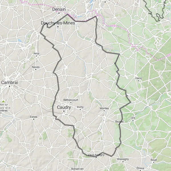 Miniature de la carte de l'inspiration cycliste "Les collines du Cambrésis" dans la Nord-Pas de Calais, France. Générée par le planificateur d'itinéraire cycliste Tarmacs.app