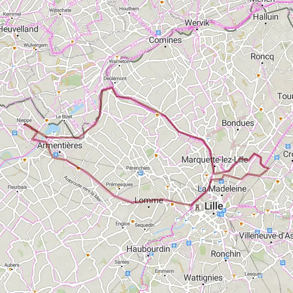 Miniature de la carte de l'inspiration cycliste "Tour de Nieppe: Les Chemins de Gravel" dans la Nord-Pas de Calais, France. Générée par le planificateur d'itinéraire cycliste Tarmacs.app