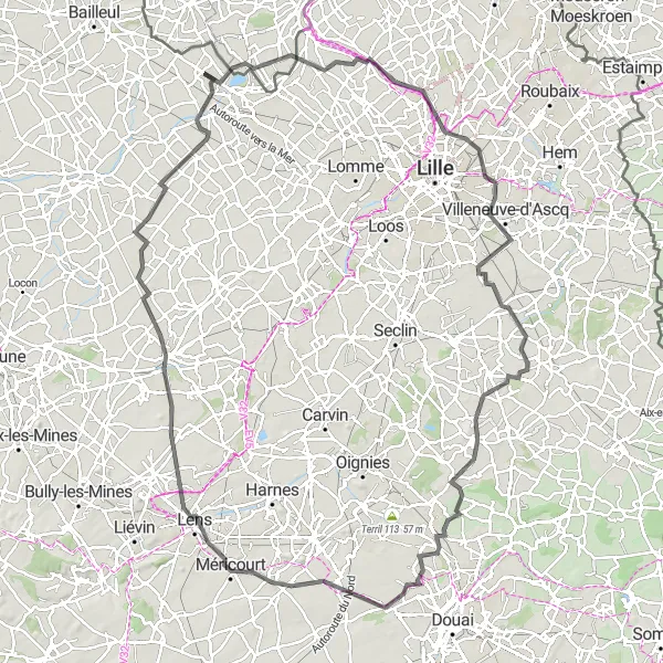 Miniature de la carte de l'inspiration cycliste "Parcours Nieppe-Lorgies via Lesquin" dans la Nord-Pas de Calais, France. Générée par le planificateur d'itinéraire cycliste Tarmacs.app