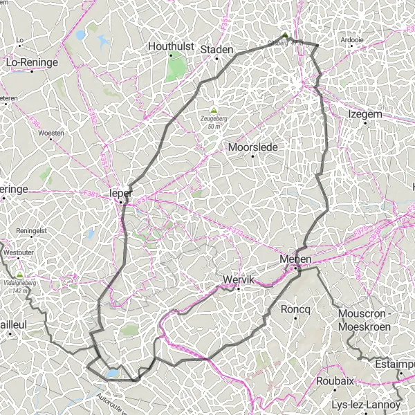 Miniature de la carte de l'inspiration cycliste "Les collines de Flandre" dans la Nord-Pas de Calais, France. Générée par le planificateur d'itinéraire cycliste Tarmacs.app