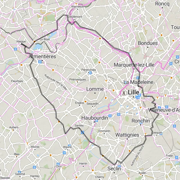 Miniature de la carte de l'inspiration cycliste "Les bords de la Lys" dans la Nord-Pas de Calais, France. Générée par le planificateur d'itinéraire cycliste Tarmacs.app