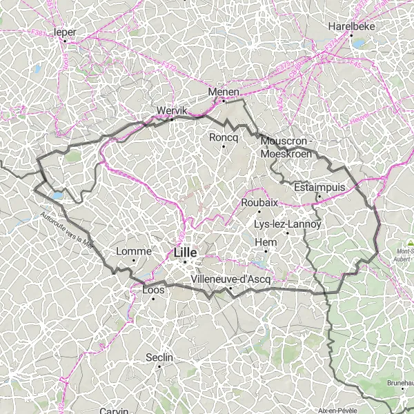 Map miniature of "Nieppe to La Chapelle-d'Armentières Road Route" cycling inspiration in Nord-Pas de Calais, France. Generated by Tarmacs.app cycling route planner