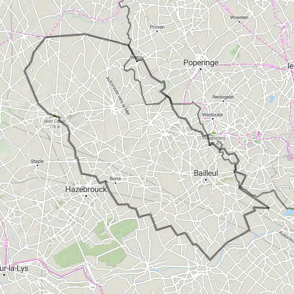 Miniature de la carte de l'inspiration cycliste "Tour en vélo route de Nieppe à Mont Noir" dans la Nord-Pas de Calais, France. Générée par le planificateur d'itinéraire cycliste Tarmacs.app