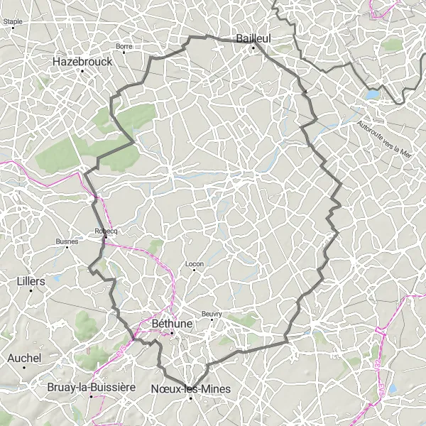 Miniature de la carte de l'inspiration cycliste "Le Tour des Châteaux" dans la Nord-Pas de Calais, France. Générée par le planificateur d'itinéraire cycliste Tarmacs.app