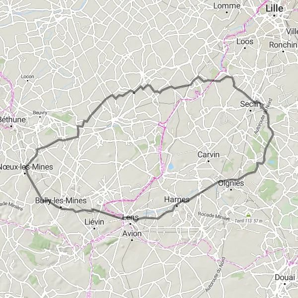 Miniature de la carte de l'inspiration cycliste "Les Collines du Nord" dans la Nord-Pas de Calais, France. Générée par le planificateur d'itinéraire cycliste Tarmacs.app