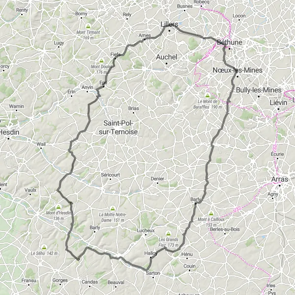 Map miniature of "Artois Adventure" cycling inspiration in Nord-Pas de Calais, France. Generated by Tarmacs.app cycling route planner