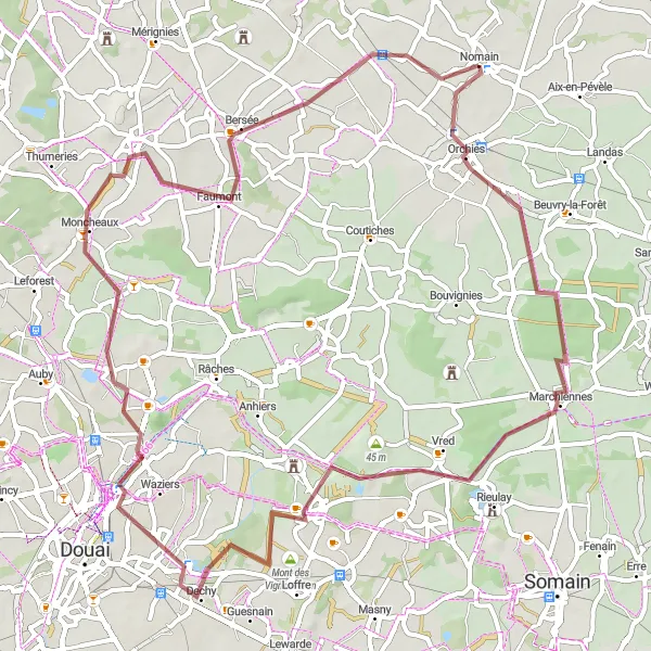 Map miniature of "Gravel Route from Nomain to Marchiennes" cycling inspiration in Nord-Pas de Calais, France. Generated by Tarmacs.app cycling route planner