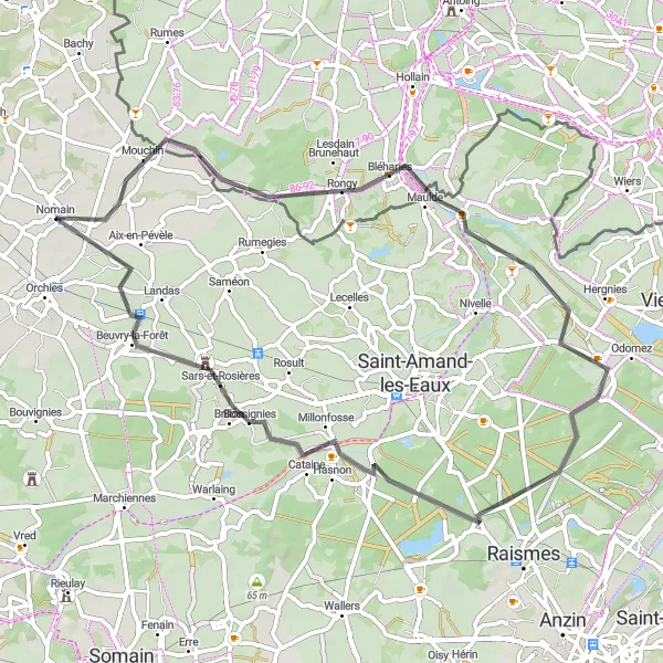 Miniature de la carte de l'inspiration cycliste "Circuit pittoresque autour de Nomain" dans la Nord-Pas de Calais, France. Générée par le planificateur d'itinéraire cycliste Tarmacs.app