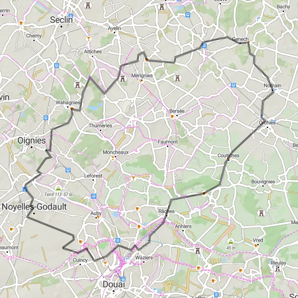 Miniature de la carte de l'inspiration cycliste "La Route d'Orchies à Genech" dans la Nord-Pas de Calais, France. Générée par le planificateur d'itinéraire cycliste Tarmacs.app