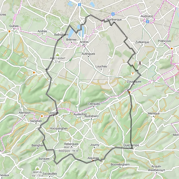 Miniature de la carte de l'inspiration cycliste "Boucle à vélo de route au départ de Nortkerque" dans la Nord-Pas de Calais, France. Générée par le planificateur d'itinéraire cycliste Tarmacs.app