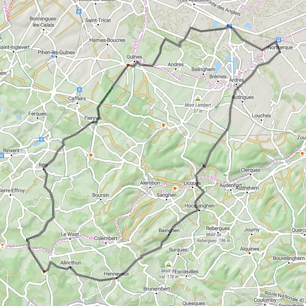 Miniature de la carte de l'inspiration cycliste "Parcours cyclable pittoresque autour de Nortkerque" dans la Nord-Pas de Calais, France. Générée par le planificateur d'itinéraire cycliste Tarmacs.app
