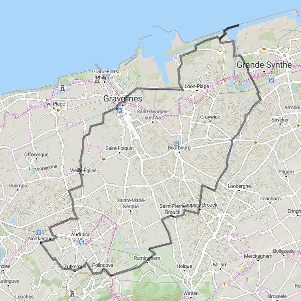 Miniature de la carte de l'inspiration cycliste "Sur les Routes Pittoresques du Nord" dans la Nord-Pas de Calais, France. Générée par le planificateur d'itinéraire cycliste Tarmacs.app