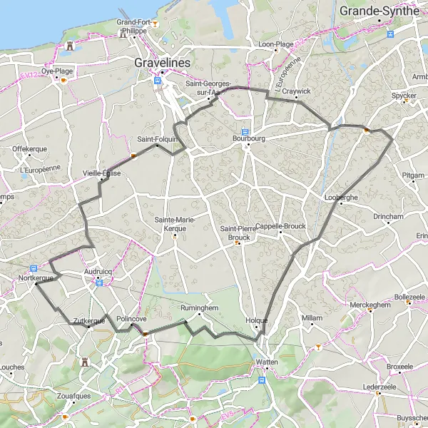 Miniature de la carte de l'inspiration cycliste "Escapade à Vélo dans la Campagne Nordiste" dans la Nord-Pas de Calais, France. Générée par le planificateur d'itinéraire cycliste Tarmacs.app