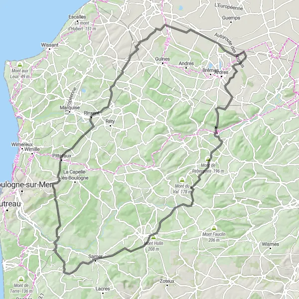 Miniature de la carte de l'inspiration cycliste "Les collines tranquilles de Nord-Pas de Calais" dans la Nord-Pas de Calais, France. Générée par le planificateur d'itinéraire cycliste Tarmacs.app