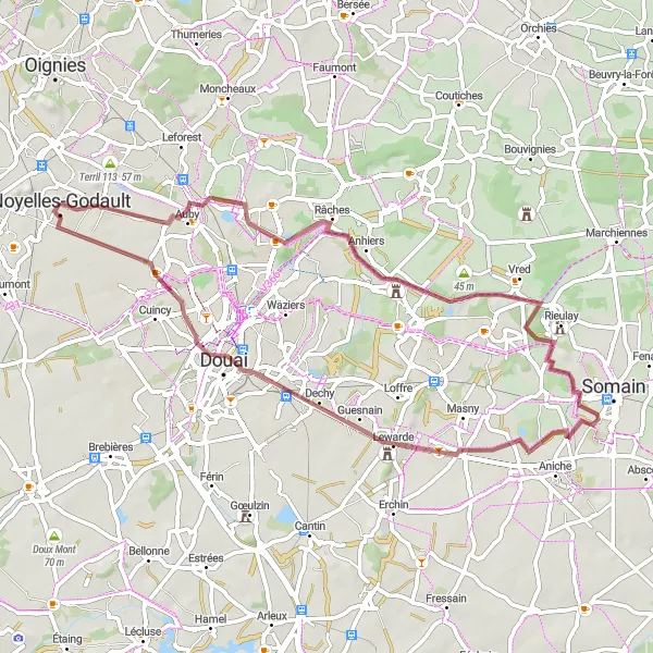 Map miniature of "Auby to Douai Gravel Ride" cycling inspiration in Nord-Pas de Calais, France. Generated by Tarmacs.app cycling route planner