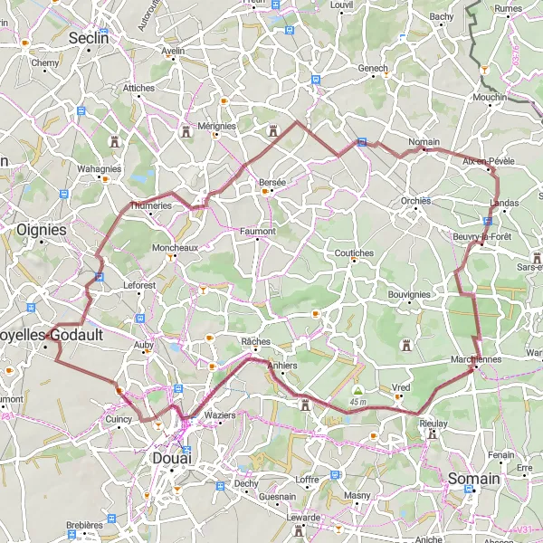 Miniature de la carte de l'inspiration cycliste "Les Sentiers de Courcelles-lès-Lens" dans la Nord-Pas de Calais, France. Générée par le planificateur d'itinéraire cycliste Tarmacs.app