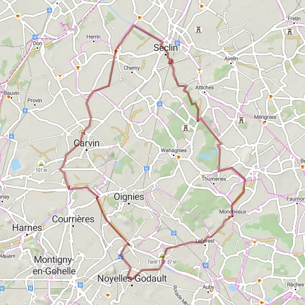 Map miniature of "Carvin to Terril 113 Gravel Ride" cycling inspiration in Nord-Pas de Calais, France. Generated by Tarmacs.app cycling route planner