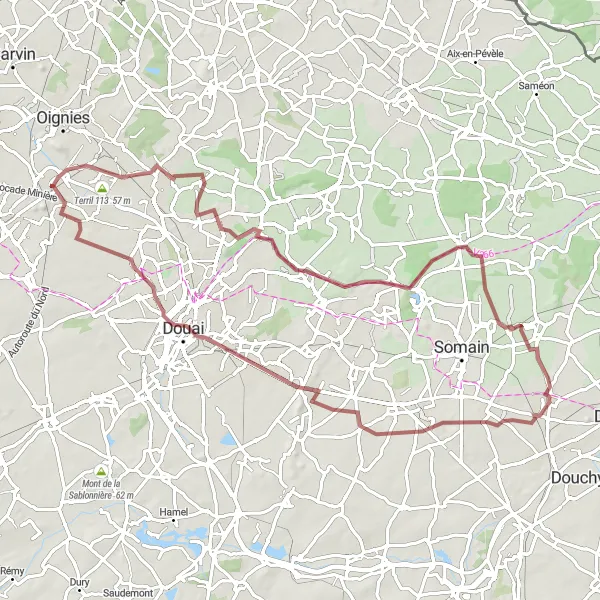 Miniature de la carte de l'inspiration cycliste "Les Collines et la Vallée de la Scarpe" dans la Nord-Pas de Calais, France. Générée par le planificateur d'itinéraire cycliste Tarmacs.app