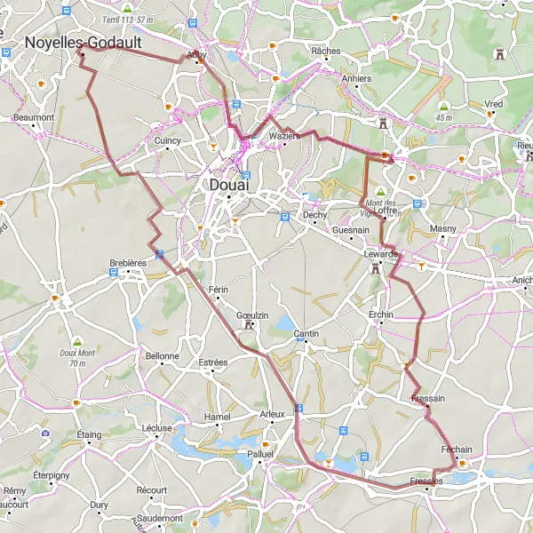 Map miniature of "Auby to Courchelettes Gravel Adventure" cycling inspiration in Nord-Pas de Calais, France. Generated by Tarmacs.app cycling route planner