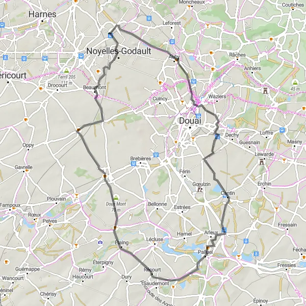 Miniature de la carte de l'inspiration cycliste "Les Terrils de Noyelles-Godault" dans la Nord-Pas de Calais, France. Générée par le planificateur d'itinéraire cycliste Tarmacs.app