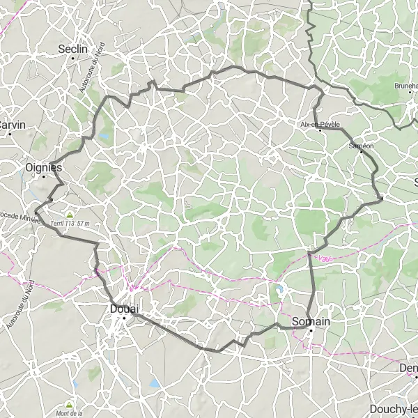 Map miniature of "Attiches and Aix-en-Pévèle Discovery" cycling inspiration in Nord-Pas de Calais, France. Generated by Tarmacs.app cycling route planner