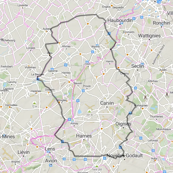 Map miniature of "Hénin Beaumont to Dourges Loop Circuit" cycling inspiration in Nord-Pas de Calais, France. Generated by Tarmacs.app cycling route planner