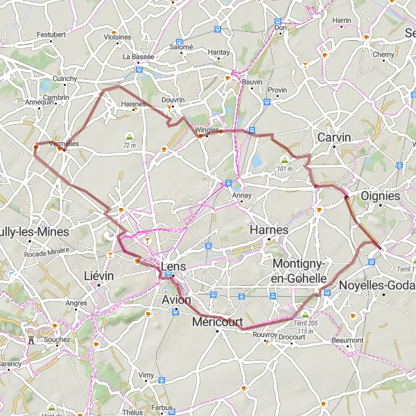 Miniature de la carte de l'inspiration cycliste "Le Tour des Terrains Gravel" dans la Nord-Pas de Calais, France. Générée par le planificateur d'itinéraire cycliste Tarmacs.app