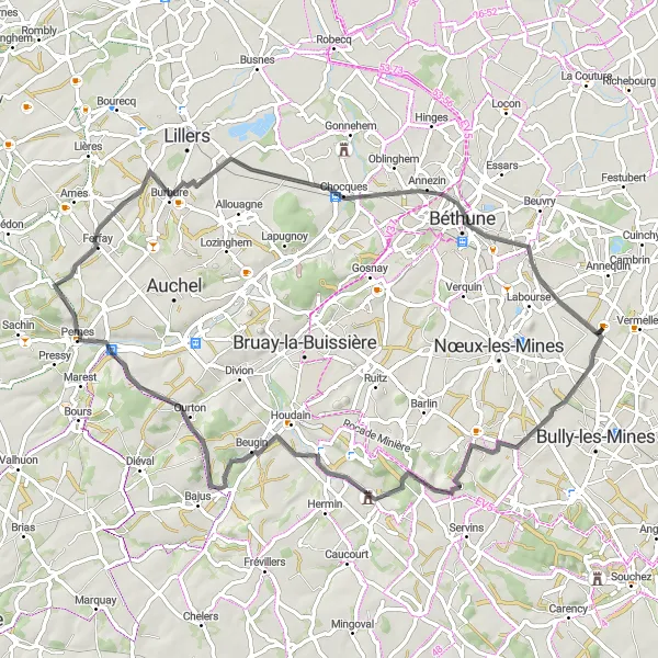 Map miniature of "Noyelles-lès-Vermelles to Le Mont de Baraffles Loop" cycling inspiration in Nord-Pas de Calais, France. Generated by Tarmacs.app cycling route planner