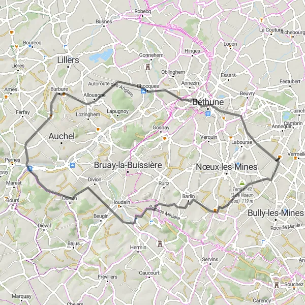 Miniature de la carte de l'inspiration cycliste "La Route des Terrils" dans la Nord-Pas de Calais, France. Générée par le planificateur d'itinéraire cycliste Tarmacs.app