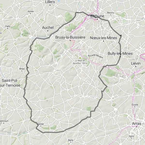 Map miniature of "Noyelles-lès-Vermelles to Bouvigny-Boyeffles Circuit" cycling inspiration in Nord-Pas de Calais, France. Generated by Tarmacs.app cycling route planner