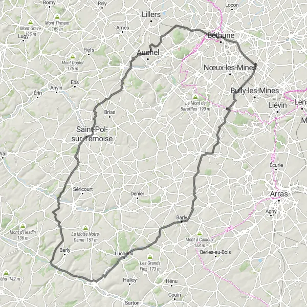 Map miniature of "Camblain-l'Abbé to Sailly-Labourse Grand Tour" cycling inspiration in Nord-Pas de Calais, France. Generated by Tarmacs.app cycling route planner