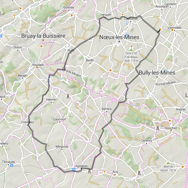 Map miniature of "Bouvigny-Boyeffles to Sailly-Labourse Adventure" cycling inspiration in Nord-Pas de Calais, France. Generated by Tarmacs.app cycling route planner