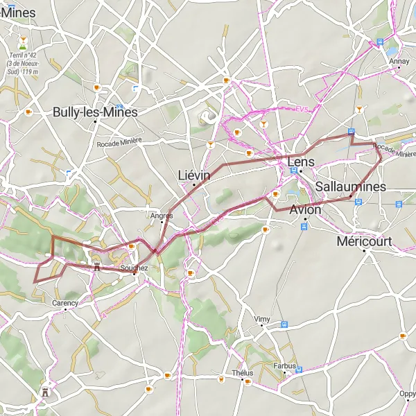 Map miniature of "Scenic Routes of Sallaumines" cycling inspiration in Nord-Pas de Calais, France. Generated by Tarmacs.app cycling route planner