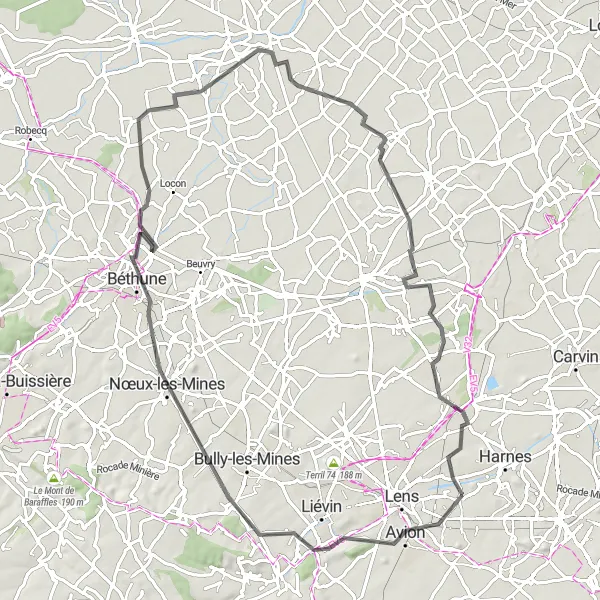 Miniature de la carte de l'inspiration cycliste "Tour des Terrils" dans la Nord-Pas de Calais, France. Générée par le planificateur d'itinéraire cycliste Tarmacs.app