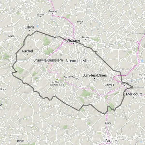 Miniature de la carte de l'inspiration cycliste "Parcours des Vallons" dans la Nord-Pas de Calais, France. Générée par le planificateur d'itinéraire cycliste Tarmacs.app