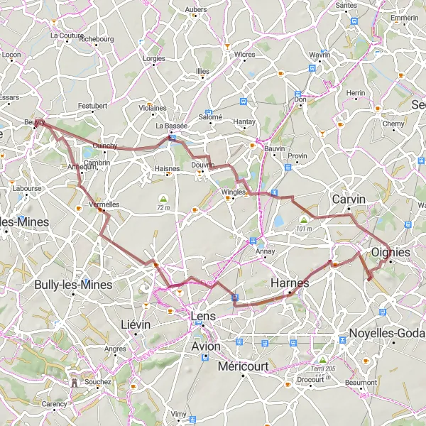 Map miniature of "A Tale of Historical Sites: Terril 230 to Carvin" cycling inspiration in Nord-Pas de Calais, France. Generated by Tarmacs.app cycling route planner
