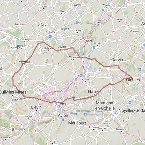 Miniature de la carte de l'inspiration cycliste "Boucle des terrils de Lens" dans la Nord-Pas de Calais, France. Générée par le planificateur d'itinéraire cycliste Tarmacs.app
