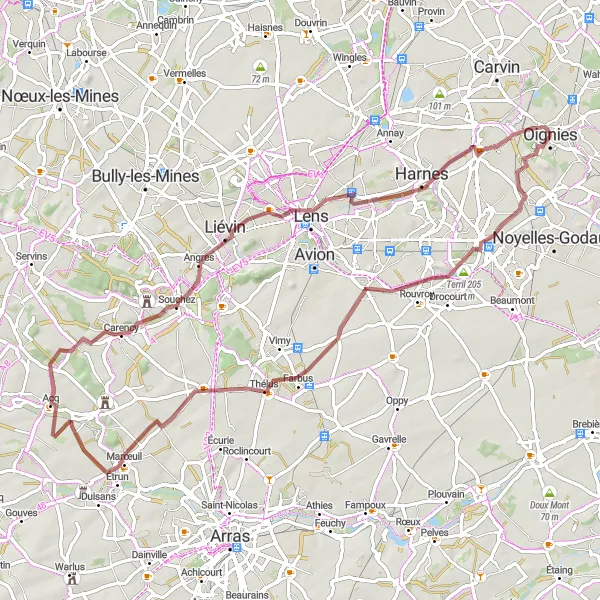 Miniature de la carte de l'inspiration cycliste "Circuit du terril de Dourges" dans la Nord-Pas de Calais, France. Générée par le planificateur d'itinéraire cycliste Tarmacs.app