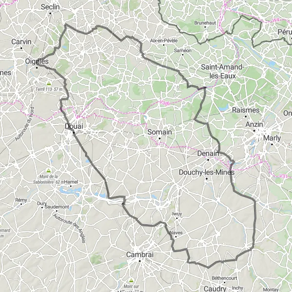 Map miniature of "Cappelle-en-Pévèle to Auby" cycling inspiration in Nord-Pas de Calais, France. Generated by Tarmacs.app cycling route planner