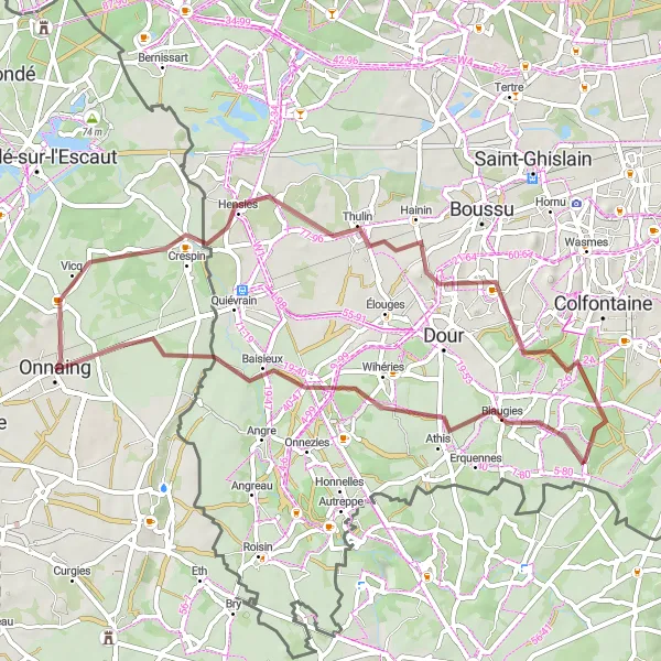 Miniature de la carte de l'inspiration cycliste "Itinéraire gravel sur les chemins de Hainaut" dans la Nord-Pas de Calais, France. Générée par le planificateur d'itinéraire cycliste Tarmacs.app