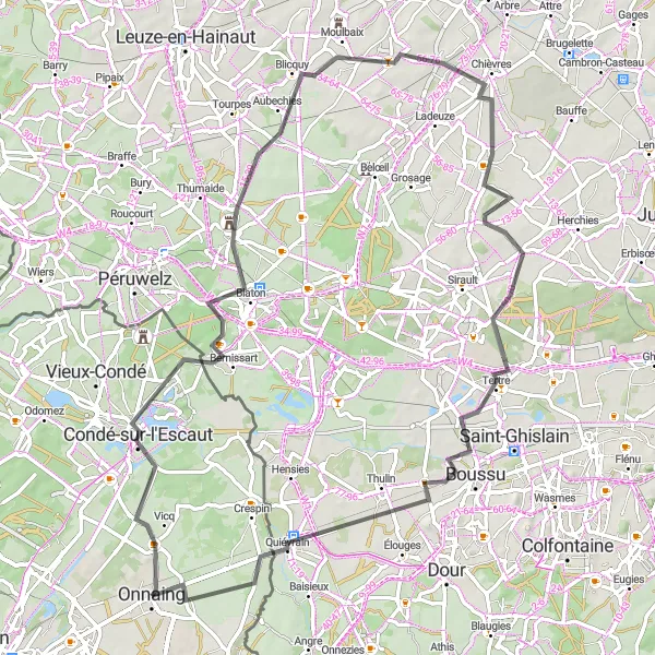 Miniature de la carte de l'inspiration cycliste "Circuit de Condé-sur-l'Escaut" dans la Nord-Pas de Calais, France. Générée par le planificateur d'itinéraire cycliste Tarmacs.app