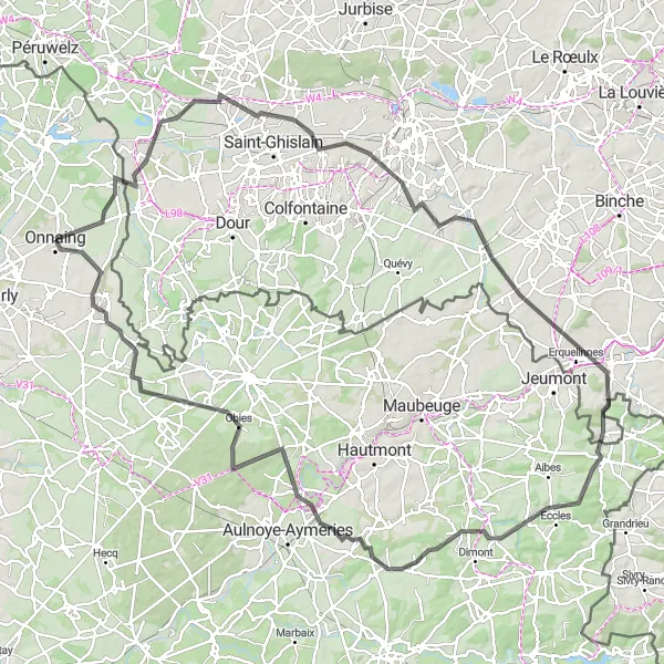 Miniature de la carte de l'inspiration cycliste "Tour de l'Avesnois" dans la Nord-Pas de Calais, France. Générée par le planificateur d'itinéraire cycliste Tarmacs.app