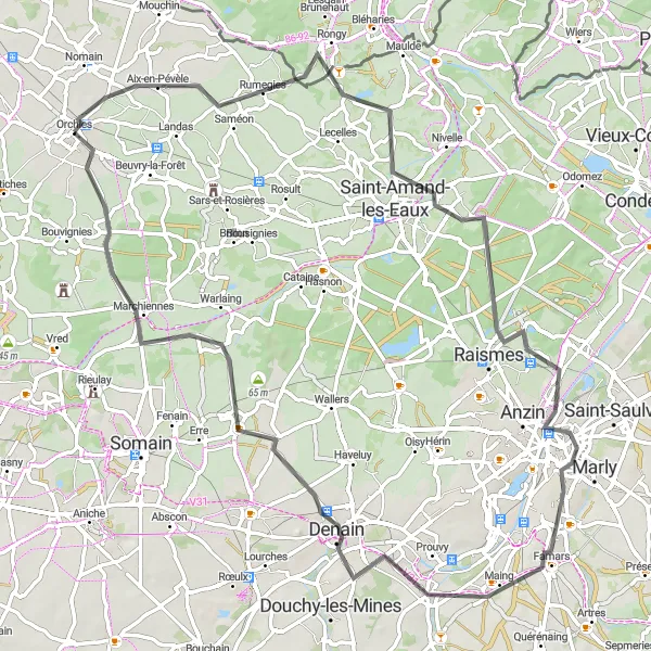 Map miniature of "Orchies and Historic Towns" cycling inspiration in Nord-Pas de Calais, France. Generated by Tarmacs.app cycling route planner