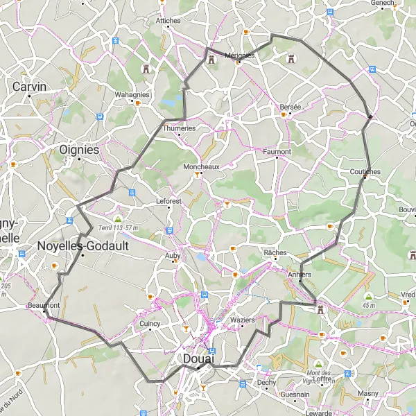 Map miniature of "Historical Heritage" cycling inspiration in Nord-Pas de Calais, France. Generated by Tarmacs.app cycling route planner